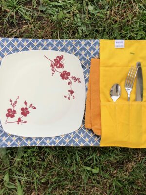 Set de table nomade Plumes marines/Jaune